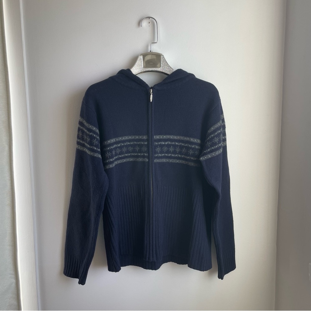 98% Lambswool Navy Hooded Zip-up with Grey pattern size S